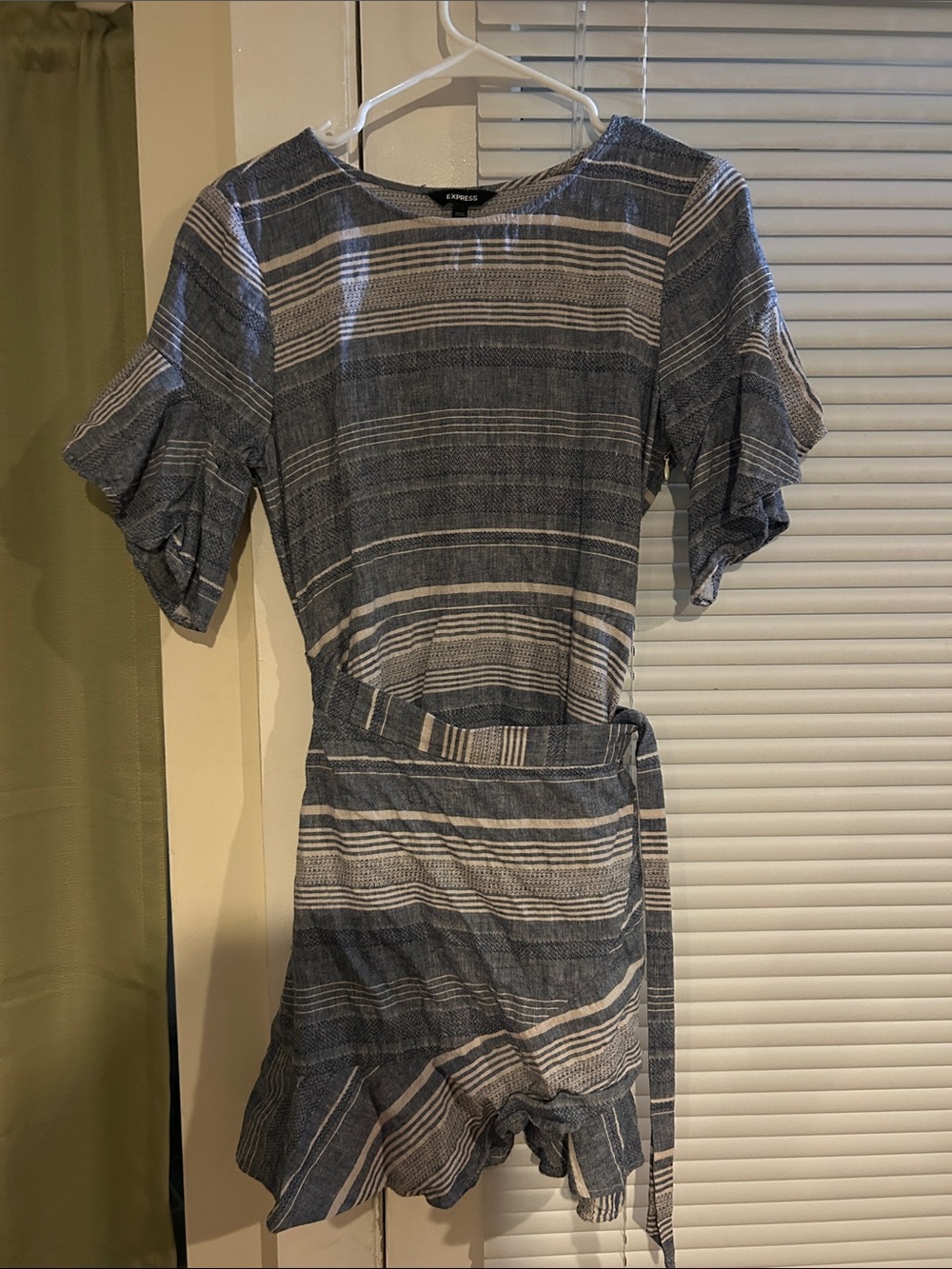 Express Blue and White Striped Tie-Waist Mini Dress